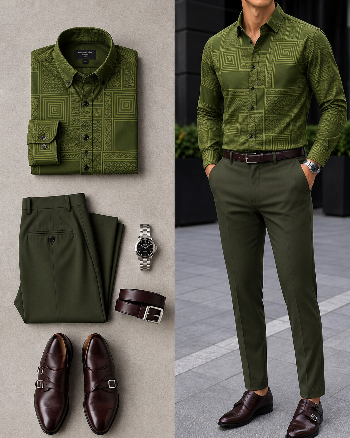 Men's Green Geometric Long Sleeves Shirt & Dark Green Chinos Pants Two‑Piece Set