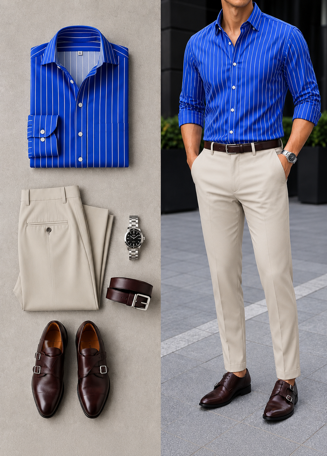 Men's Blue Striped Long Sleeves Shirt & Beige Chinos Pants Two‑Piece Set