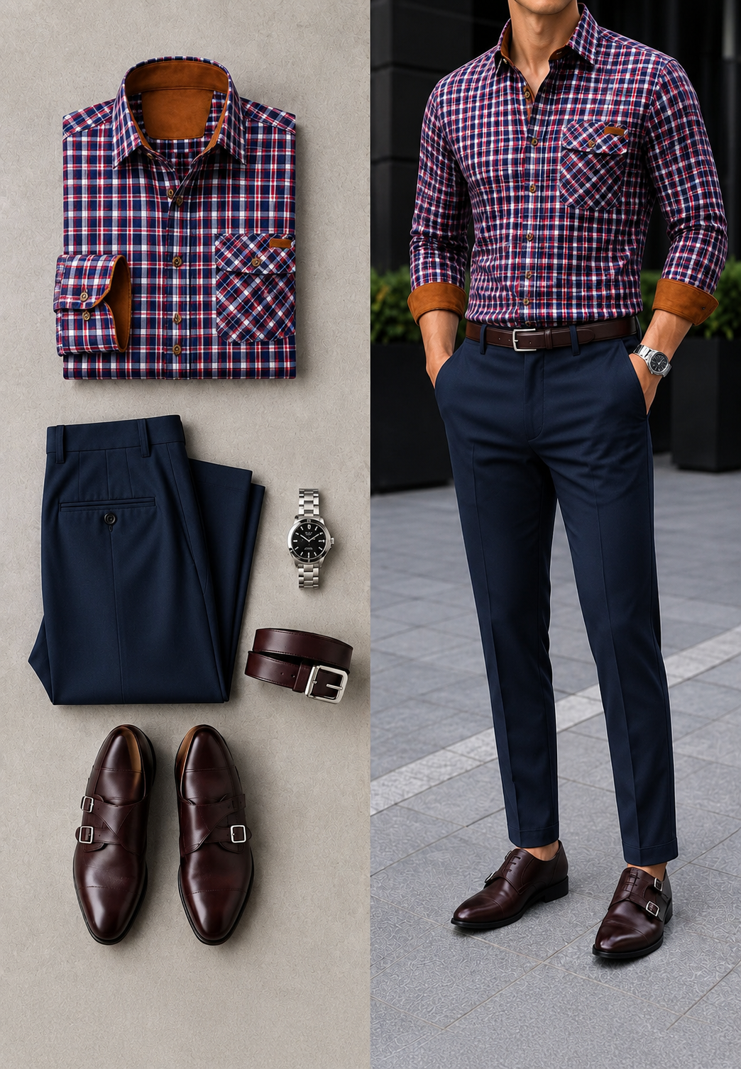 Men's Casual Color Matching Oatmeal Long Sleeves Polo Shirt & Denim Blue Jeans Pants Two Piece Set