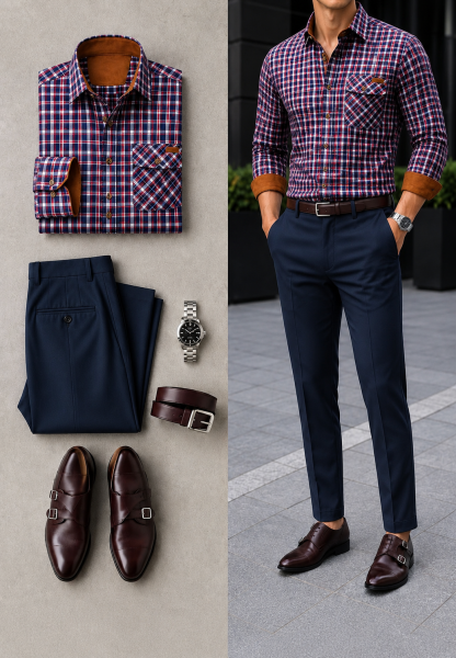 Men's Red Blue Plaid Long Sleeves Shirt & Navy Chinos Pants Two‑Piece Set