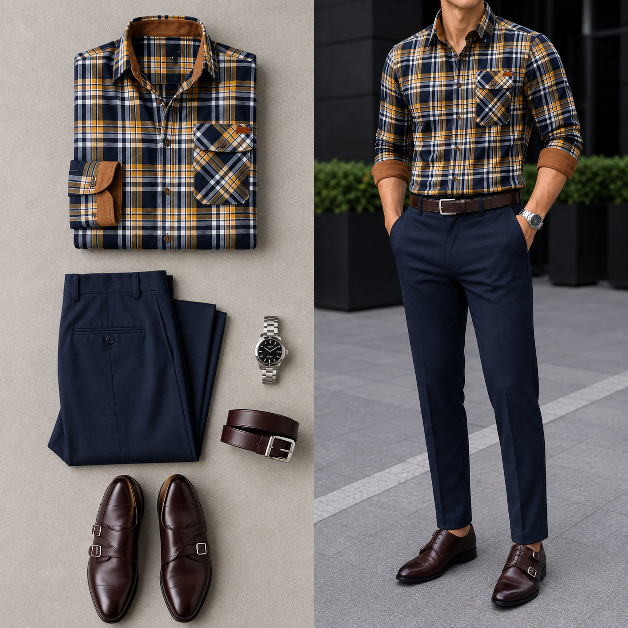 Men's Casual Color Matching Oatmeal Long Sleeves Polo Shirt & Denim Blue Jeans Pants Two Piece Set