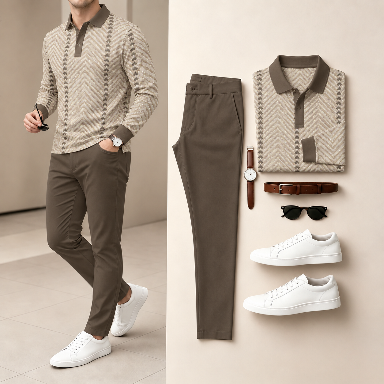 Men's Casual Brown Color Matching Geometric Printed Long‑Sleeve Polo Shirt And Pants Two‑Piece Set