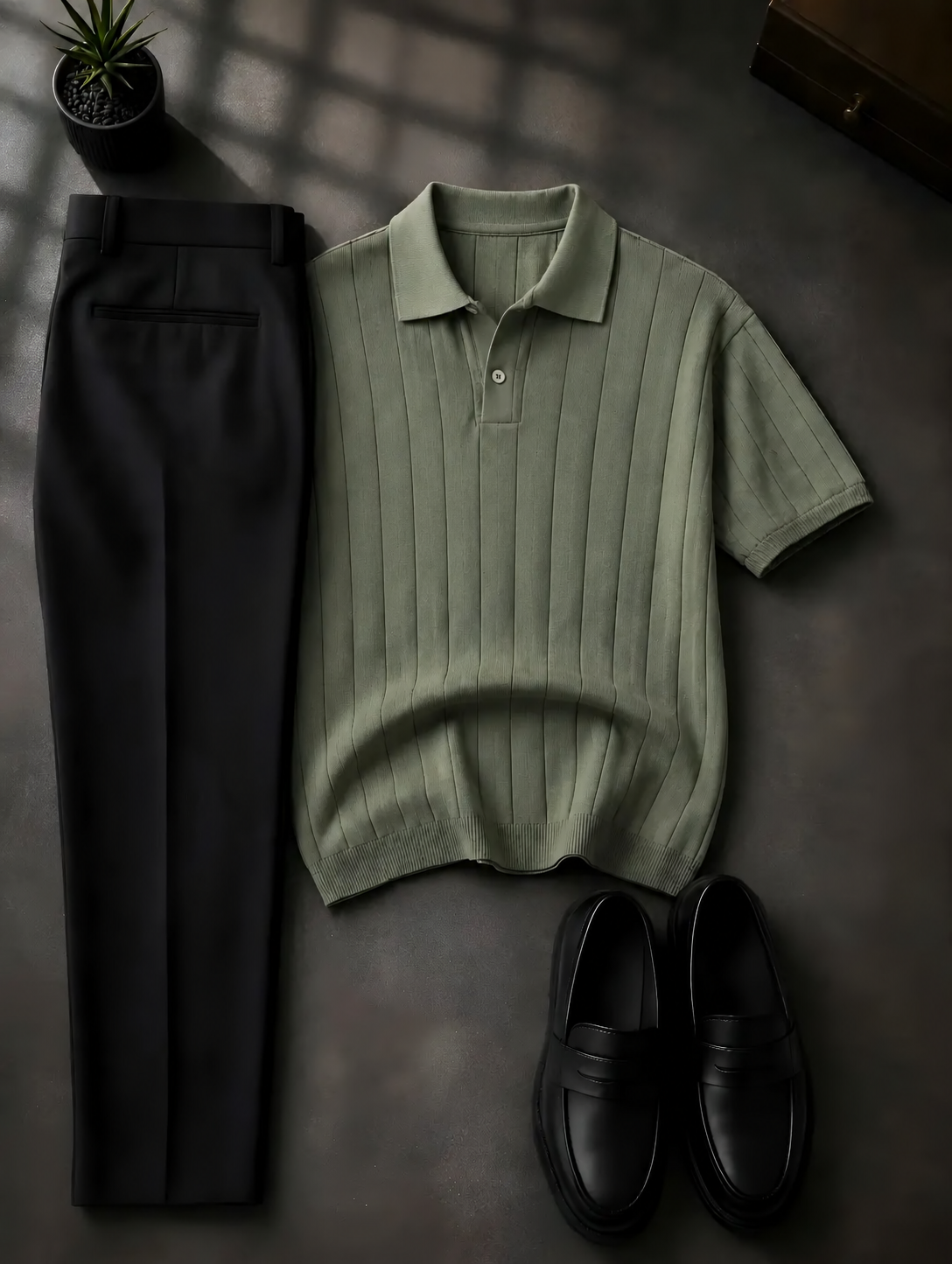 Men's Green Short Sleeves Knit Polo Shirt & Black Chino Pants Two-Piece Set