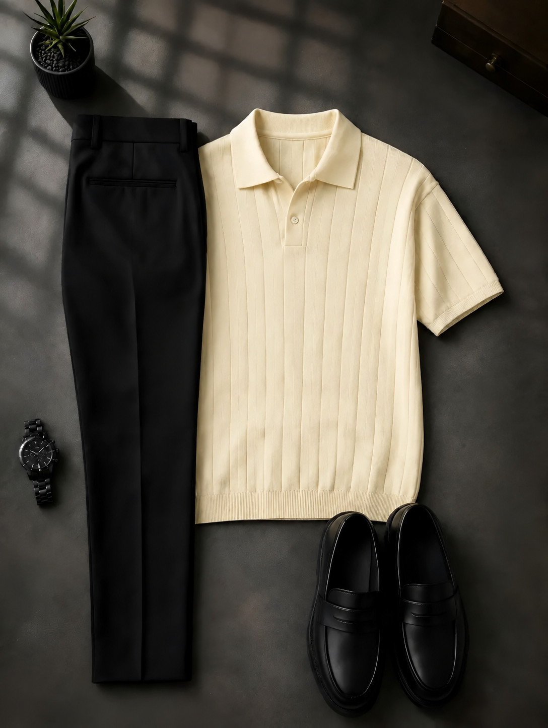 Men's Yellow Short Sleeves Knit Polo Shirt & Black Chino Pants Two-Piece Set