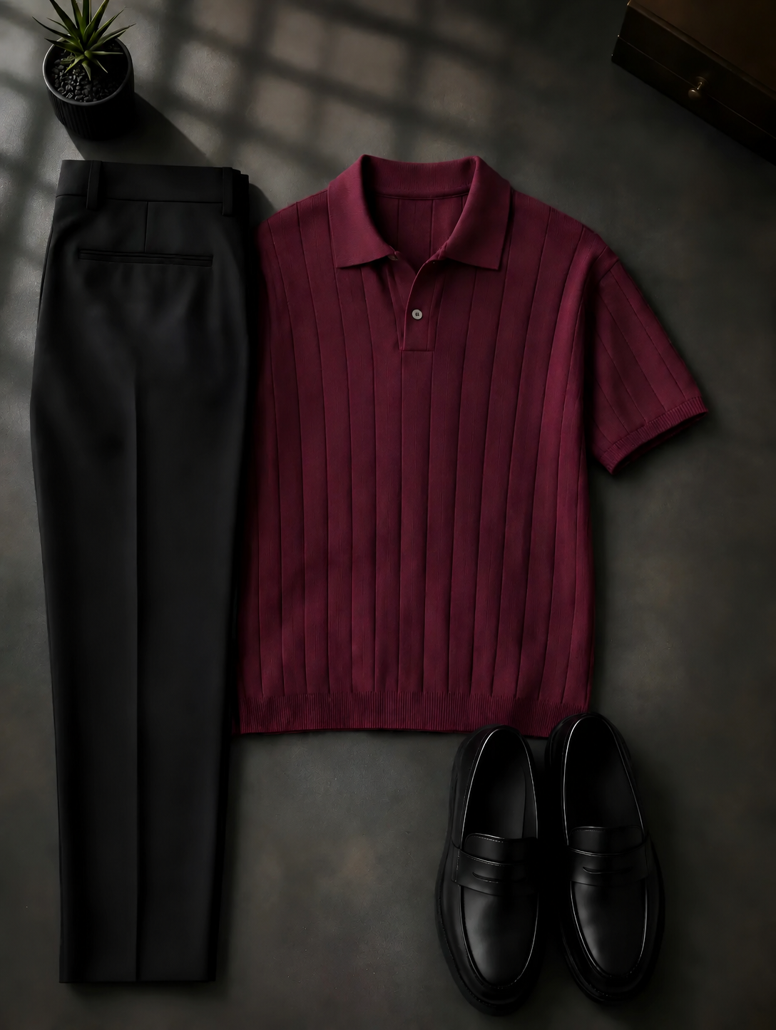 Men's Burgundy Short Sleeves Knit Polo Shirt & Black Chino Pants Two-Piece Set