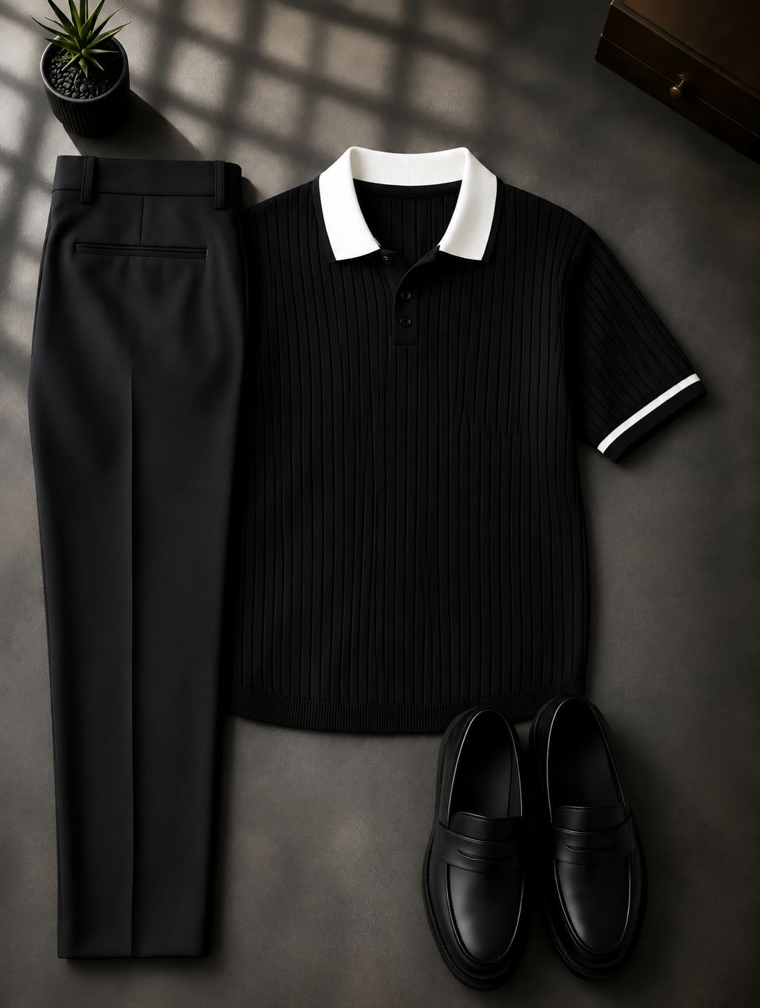 Men's Black Short Sleeves Knit Polo Shirt & Black Chino Pants Two-Piece Set
