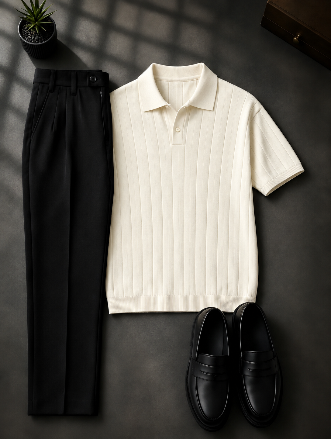 Men's Beige Short Sleeves Knit Polo Shirt & Black Chino Pants Two-Piece Set