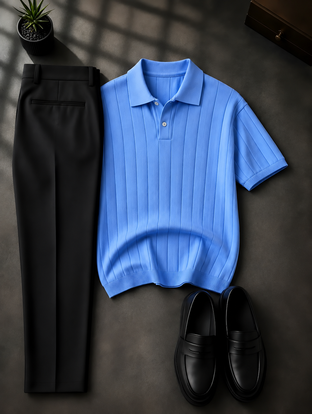 Men's Blue Short Sleeves Knit Polo Shirt & Black Chino Pants Two-Piece Set