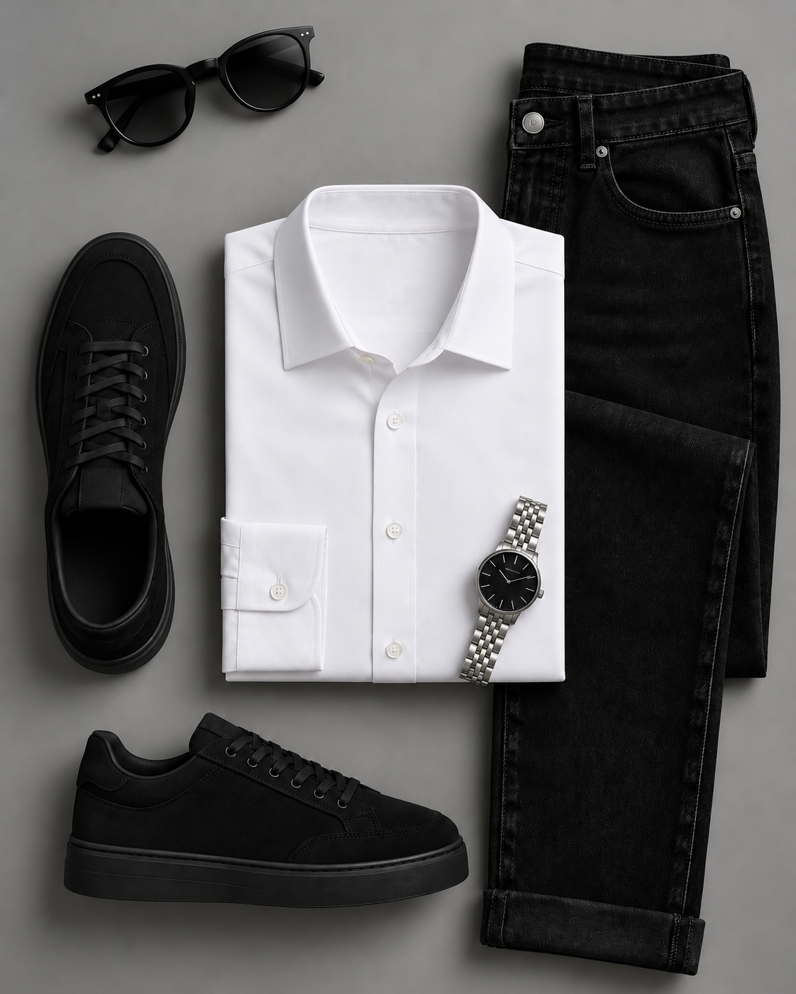 Men's White Long Sleeves Shirt & Black Denim Pants Two-Piece Set