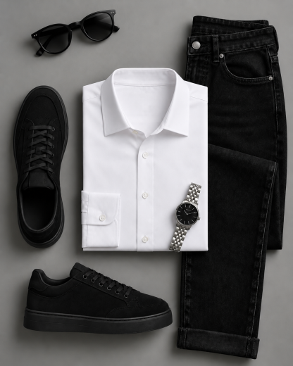 Men's White Long Sleeves Shirt & Black Denim Pants Two-Piece Set
