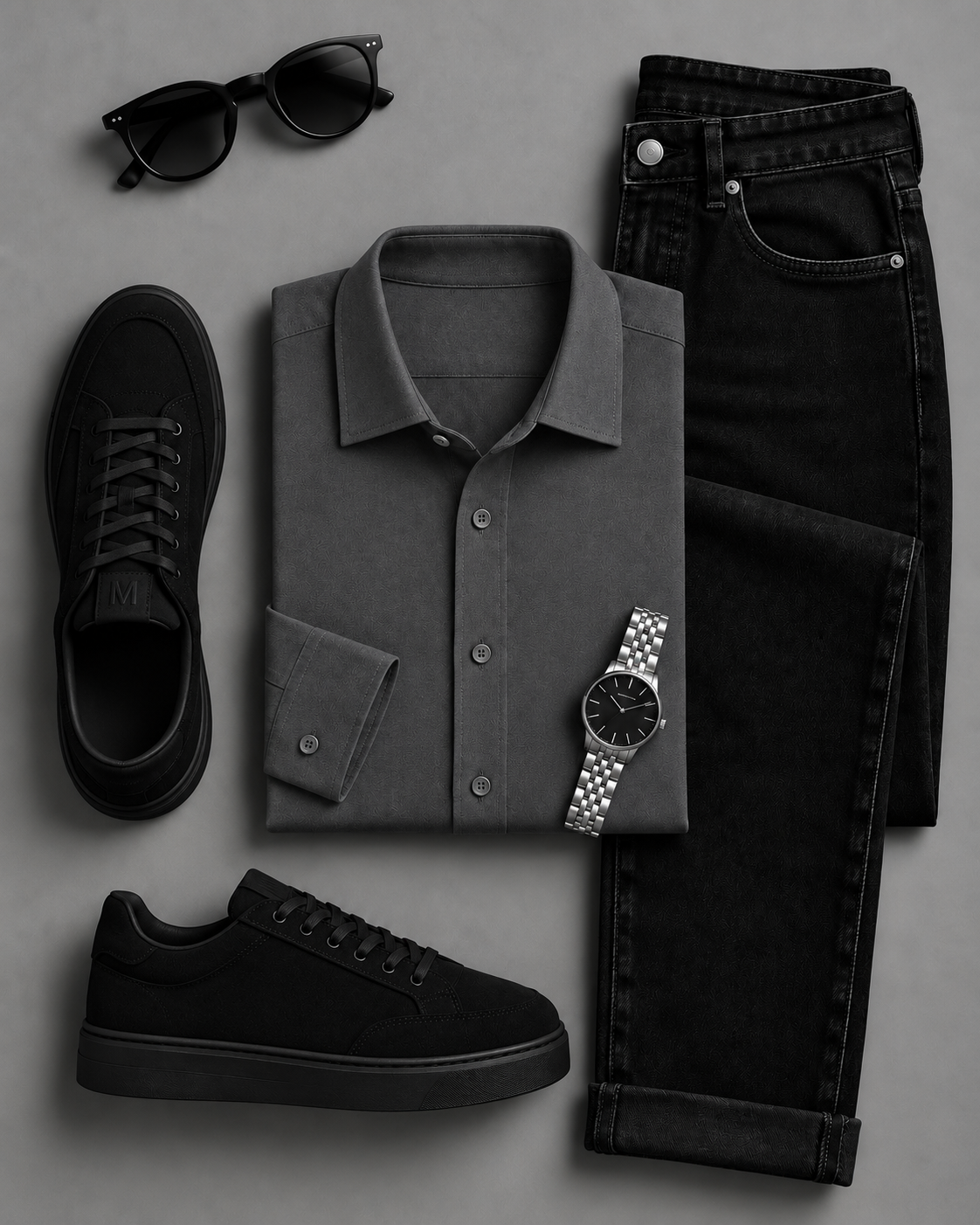 Men's Dark Gray Long Sleeves Shirt & Black Denim Pants Two-Piece Set