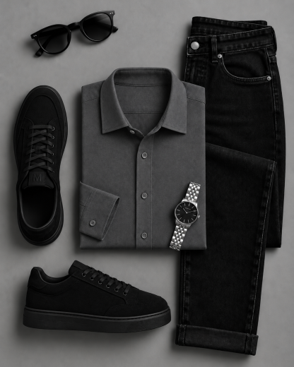 Men's Dark Gray Long Sleeves Shirt & Black Denim Pants Two-Piece Set
