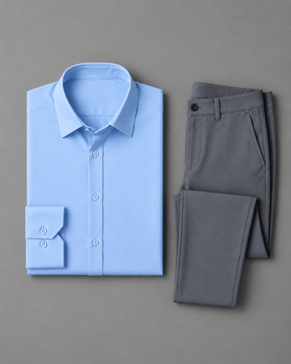 1. Men's Light Blue Long Sleeves Shirt & Gray Chinos Pants Two-Piece Set