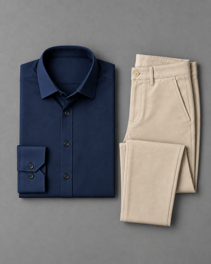 Men's Navy Long Sleeves Shirt & Beige Chinos Pants Two-Piece Set