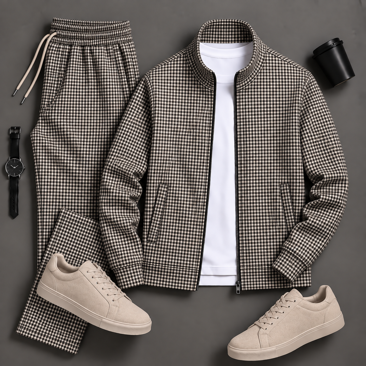[Copy]Men's Plaid Zip Jacket & Drawstring Sweatpants Two-Piece Set
