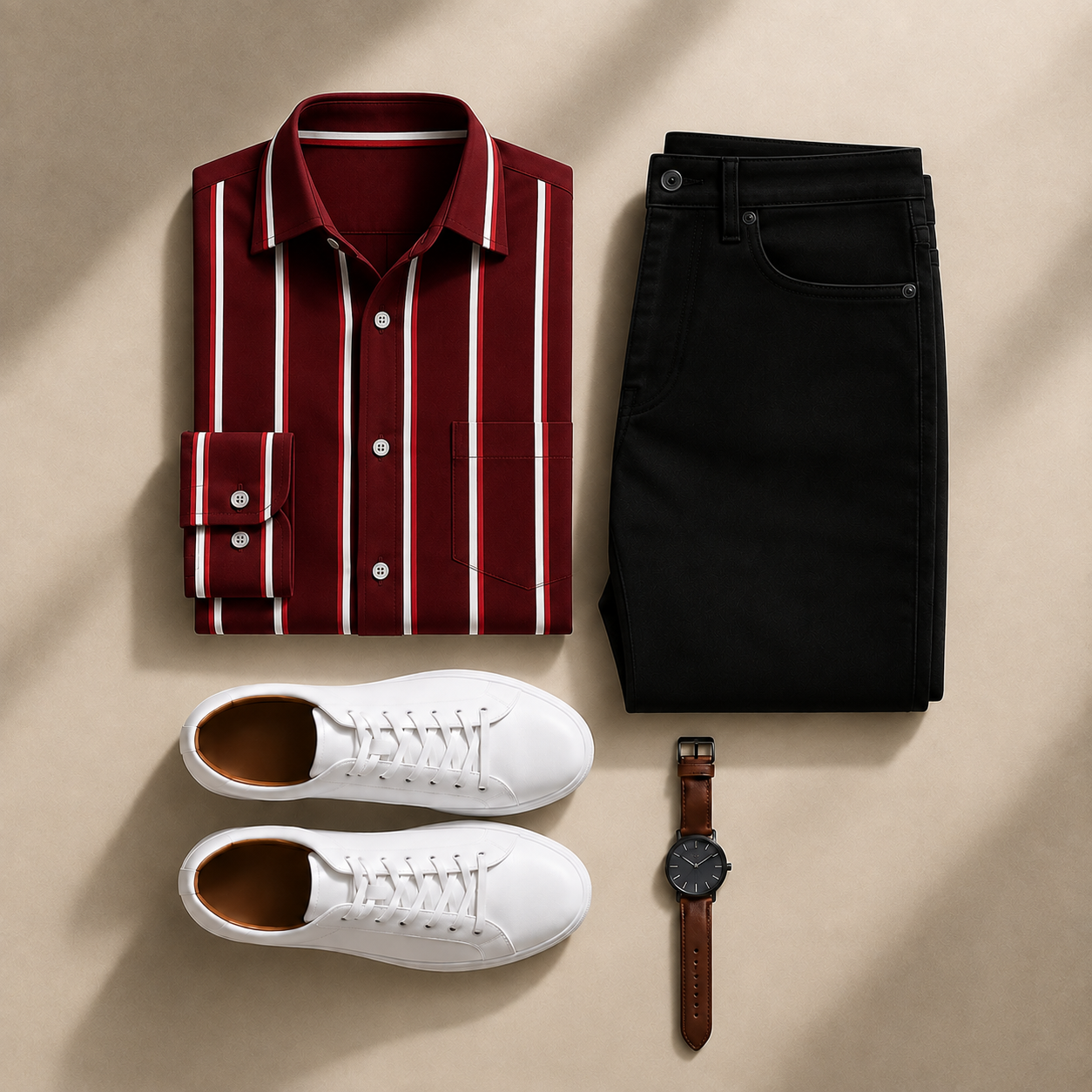 Men's Burgundy White Striped Long Sleeve Shirt & Black Chinos Pants Two-Piece Set