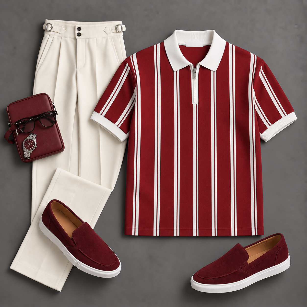Men's Short Sleeves Knit Polo Shirt & Chino Pants Two-Piece Set
