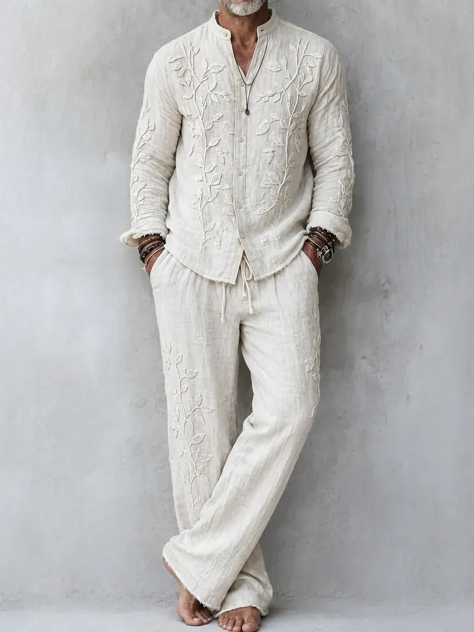 Men's Vintage Japanese Floral Art Pattern Shirt And Pants Two Piece Set