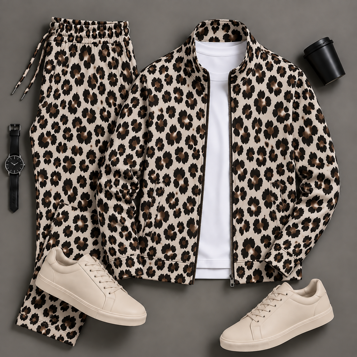 Men's Leopard Print Jacket & Leopard Print Pants Two-Piece Set