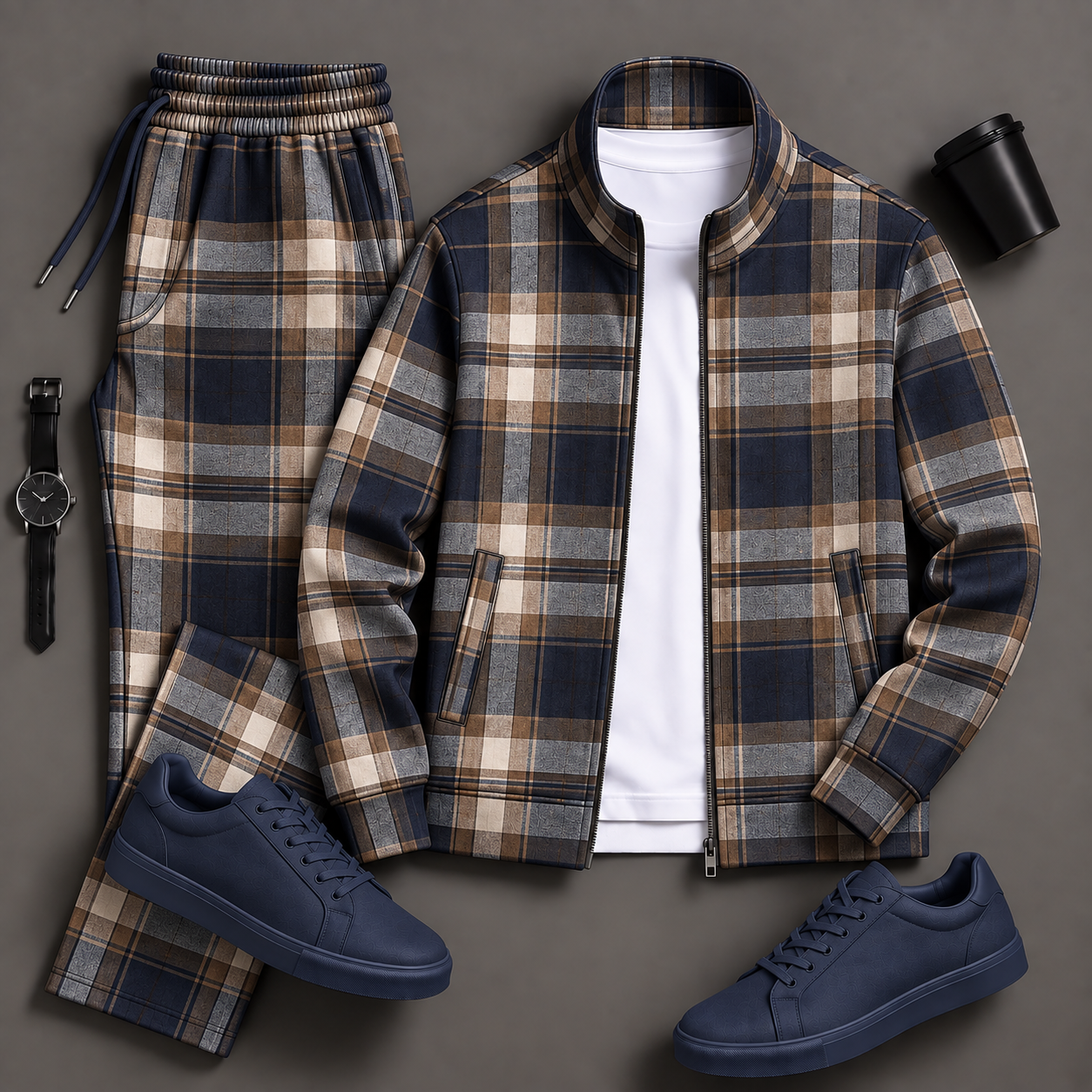 Men's Navy Plaid Zip Jacket & Navy Sweatpants Two-Piece Set
