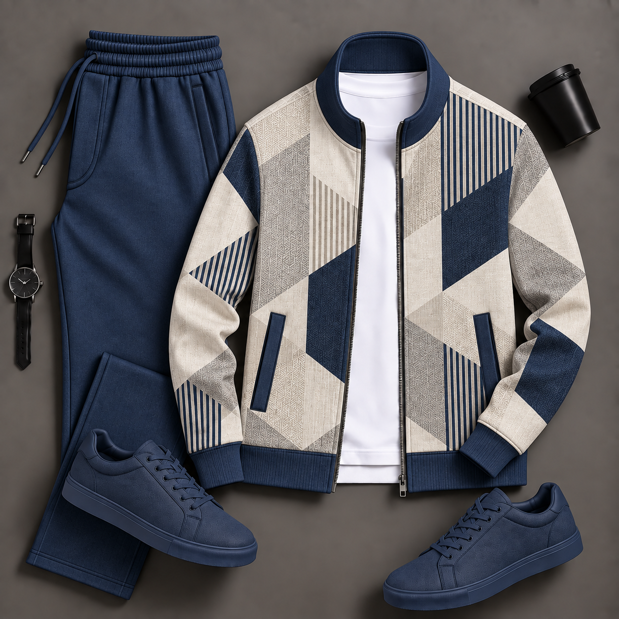 Men's Blue Geometric Zip Jacket & Blue Sweatpants Two-Piece Set