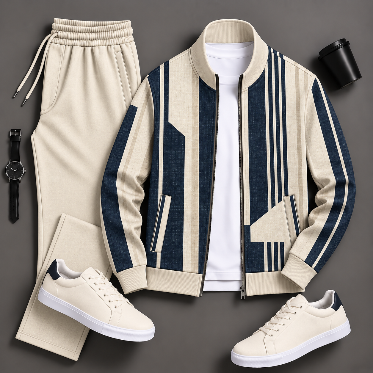 Men's Beige Striped Zip Jacket & Beige Sweatpants Two-Piece Set