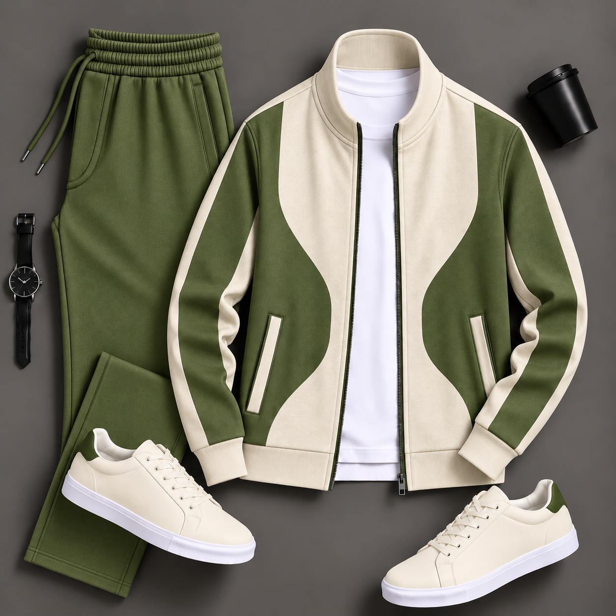 Men's Green Color Block Zip Jacket & Green Sweatpants Two-Piece Set