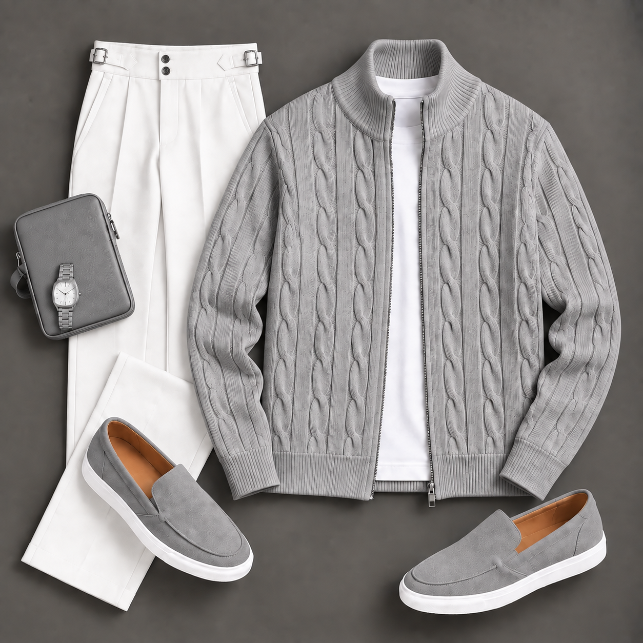 Men's Causal Stand Collar Knit Jacket & Pants Two-Piece Sets