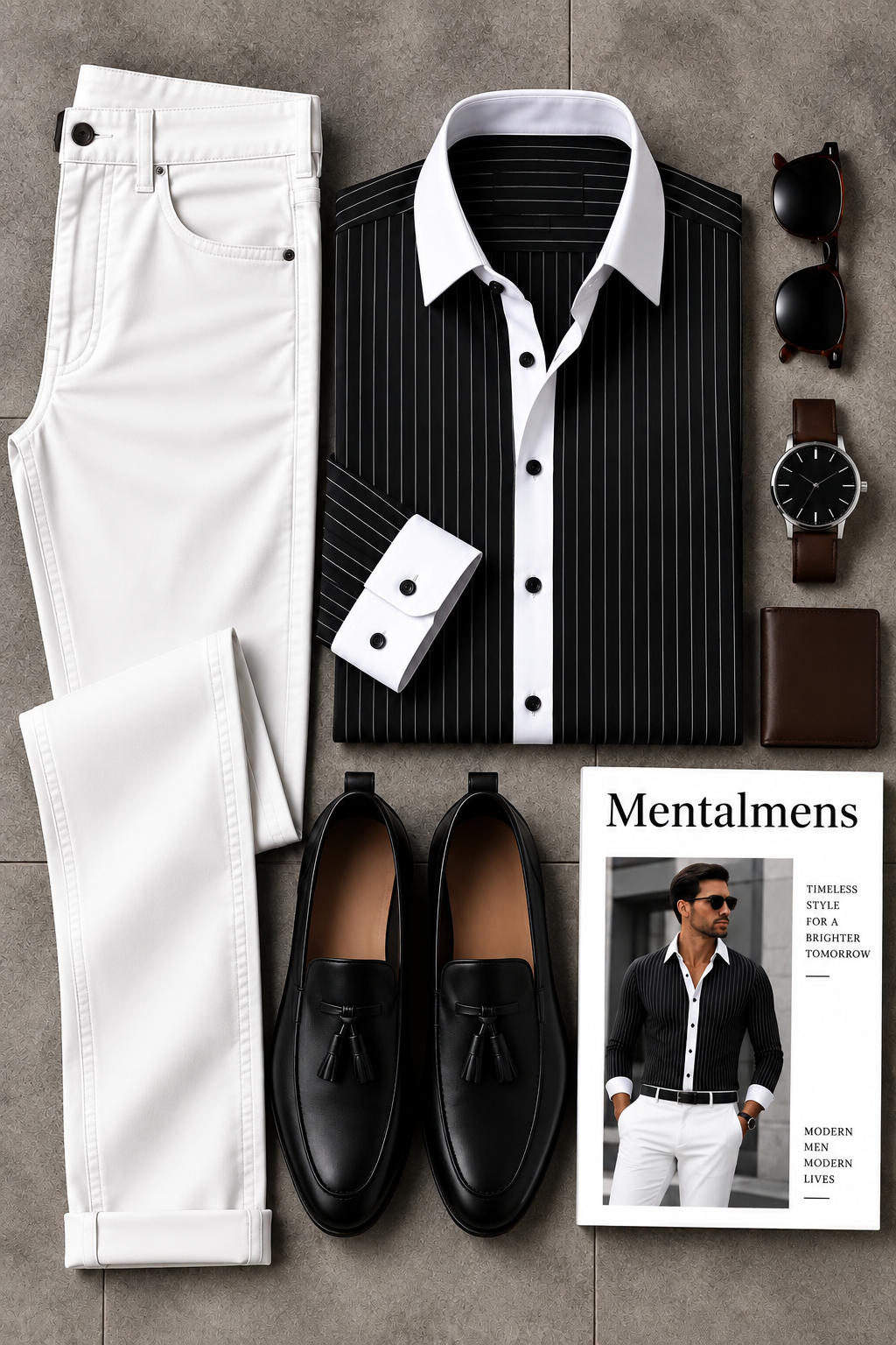 Men's Casual Color Matching White Long Sleeves Shirt & Denim Blue Jeans Pants Two Piece Set