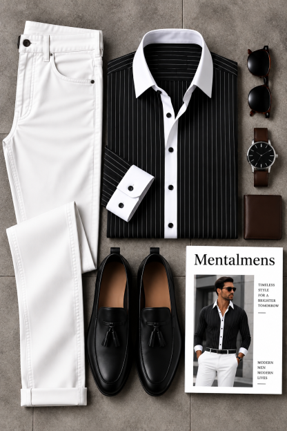 Men's Black Striped Long Sleeve Shirt & White Chinos Pants Two-Piece Set