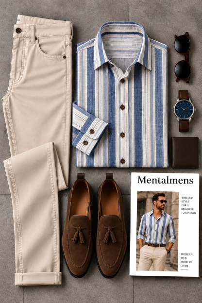 Men's Blue Beige Striped Long Sleeve Shirt & Beige Chinos Pants Two-Piece Set