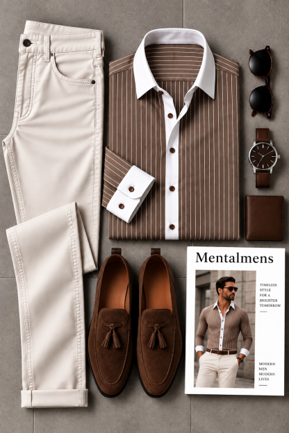 Men's Brown Striped Long Sleeve Shirt & Off White Chinos Pants Two-Piece Set