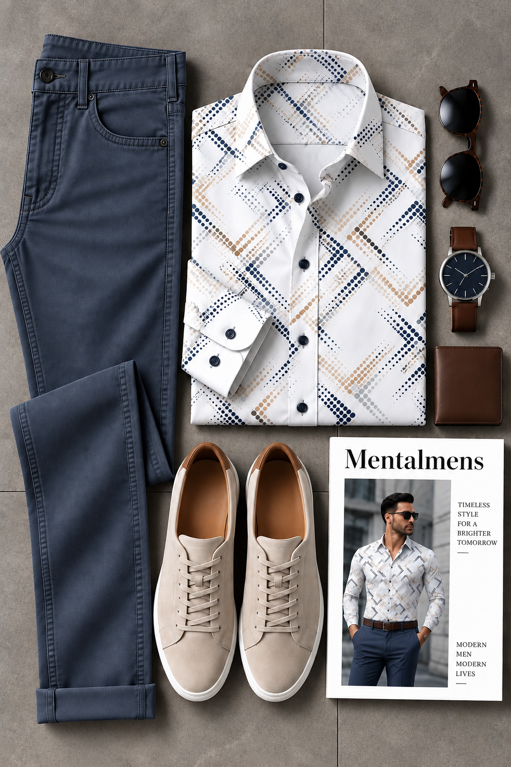 Men's White Geometric Print Long Sleeve Shirt & Navy Chinos Pants Two-Piece Set
