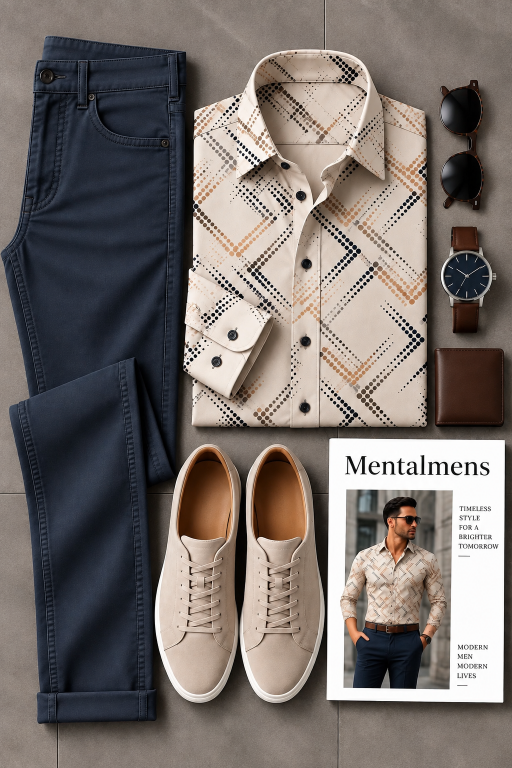 Men's Beige Geometric Print Long Sleeve Shirt & Navy Chinos Pants Two-Piece Set