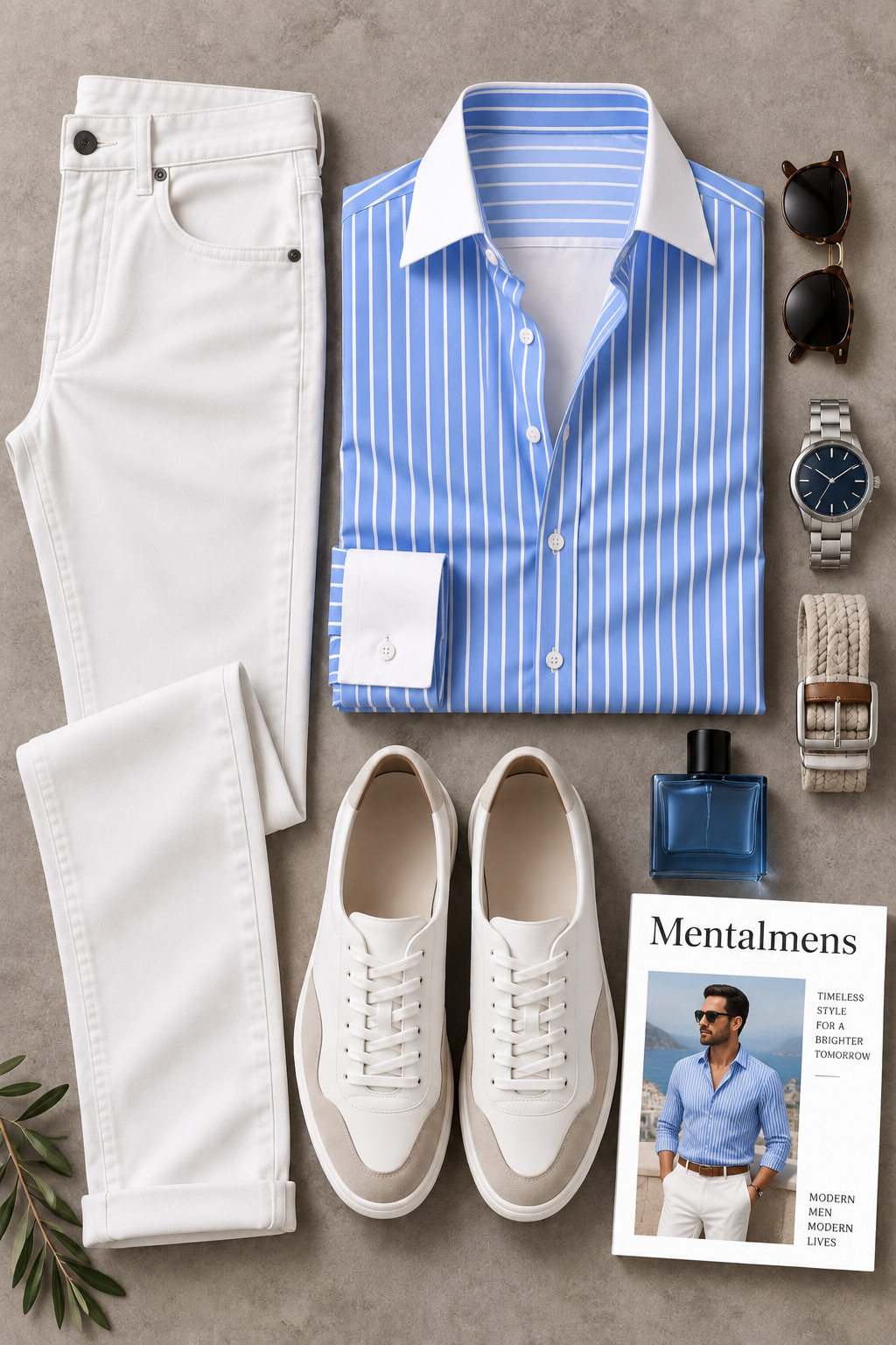 Men's Blue White Striped Long Sleeve Shirt & White Chinos Pants Two-Piece Set