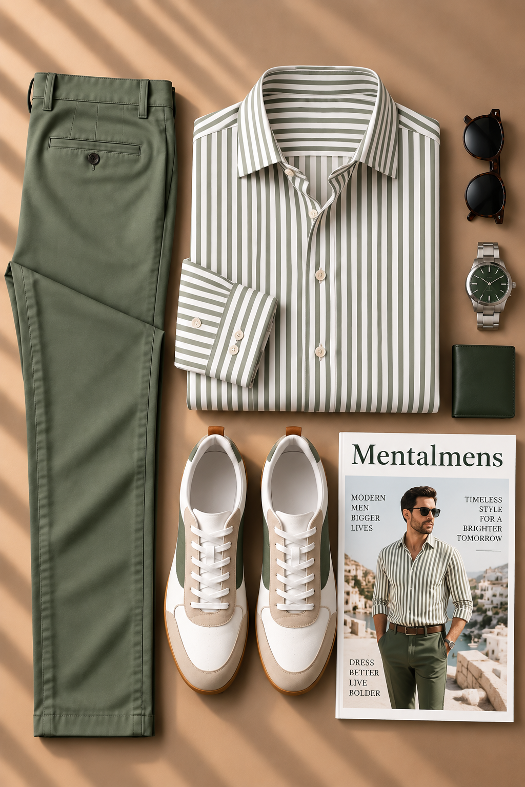 Men's Green White Striped Long Sleeve Shirt & Olive Chinos Pants Two-Piece Set