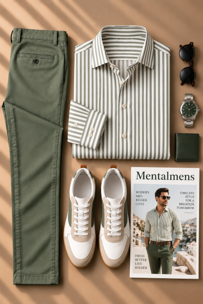 Men's Green White Striped Long Sleeve Shirt & Olive Chinos Pants Two-Piece Set