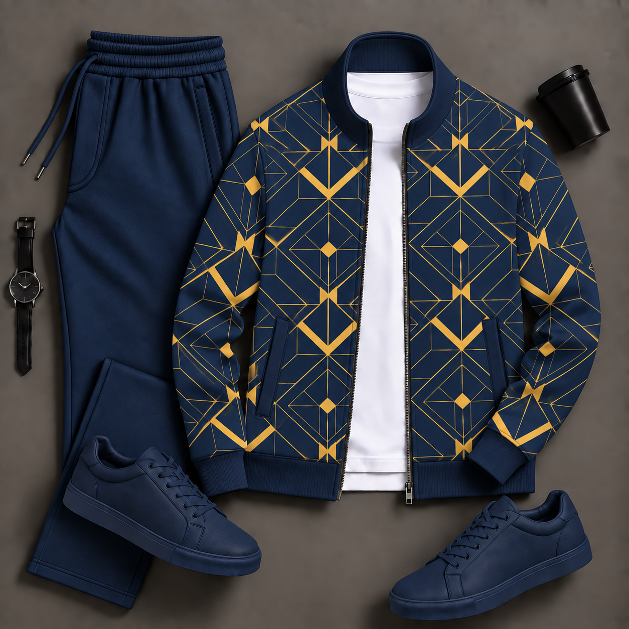 Men's Navy Geometric Print Zip Jacket & Navy Jogger Pants Two-Piece Set