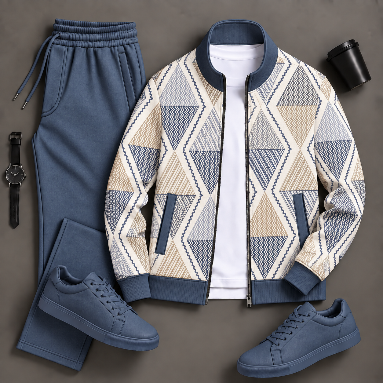 Men's Blue Tribal Print Zip Jacket & Light Blue Jogger Pants Two-Piece Set