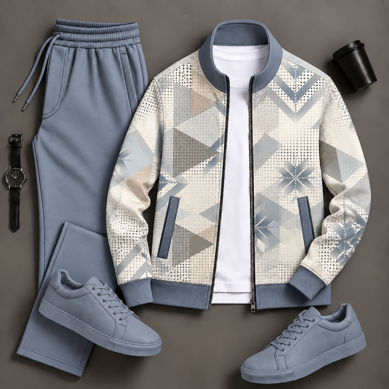 Men's Gray Triangle Print Zip Jacket & Light Gray Jogger Pants Two-Piece Set