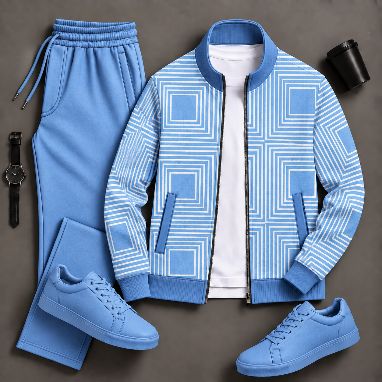Men's Light Blue Square Print Zip Jacket & Light Blue Jogger Pants Two-Piece Set