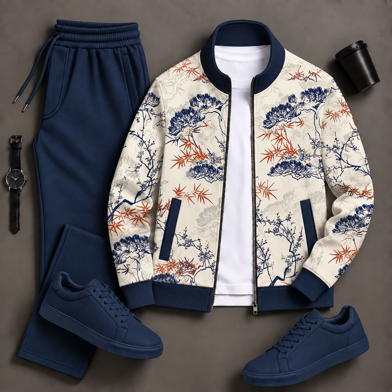 Men's Cream Pine Bamboo Printed Zip Jacket & Navy Sweatpants Two-Piece Set