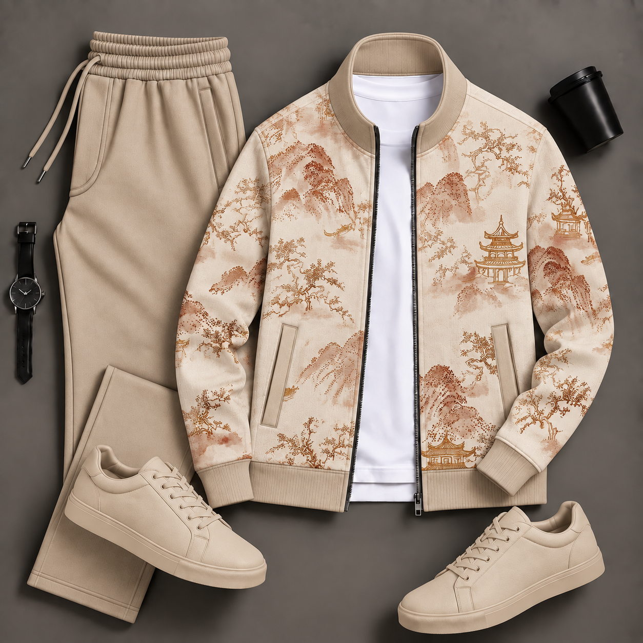 Men's Beige Landscape Printed Zip Jacket & Beige Sweatpants Two-Piece Set
