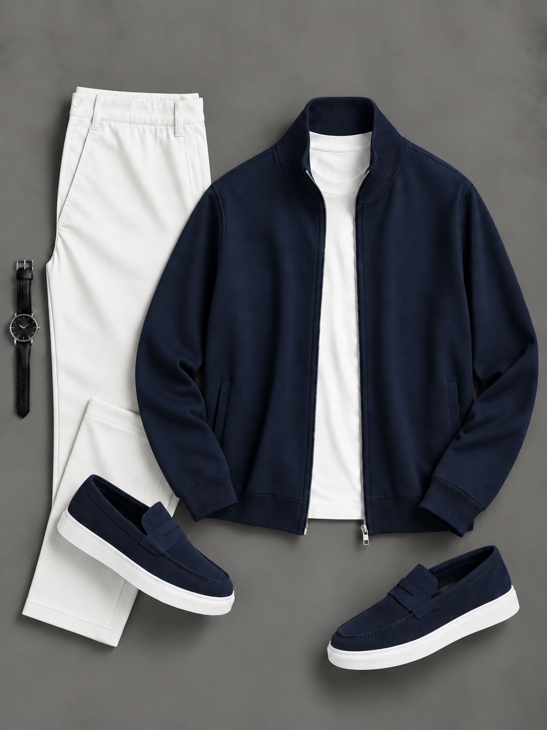 Men's Casual Solid Zip Stand Collar Jacket & Straight Chino Pants 2-Piece Matching Outfit Set, Multiple Colors Available