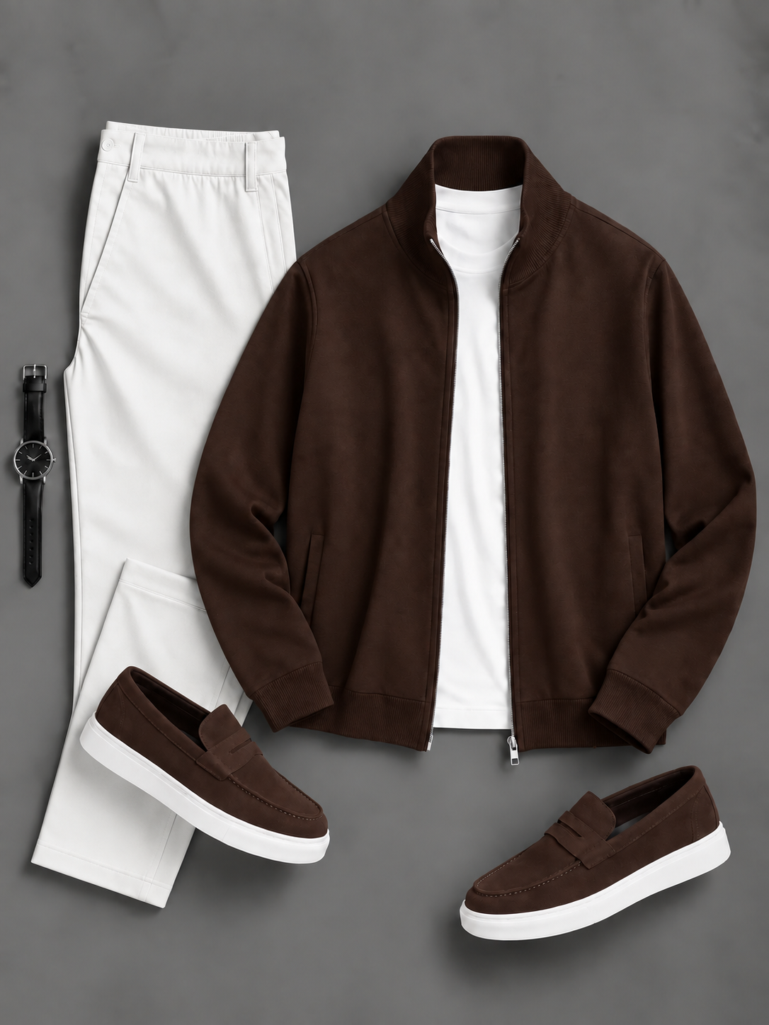 Men's Casual Solid Zip Stand Collar Jacket & Straight Chino Pants 2-Piece Matching Outfit Set, Multiple Colors Available