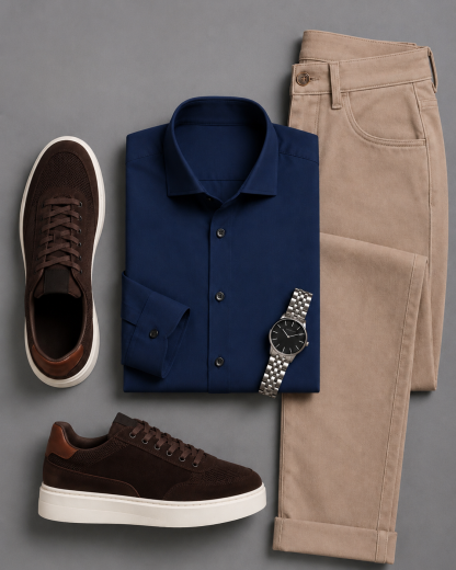 Men's Navy Long Sleeves Shirt & Khaki Chinos Pants Two‑Piece Set