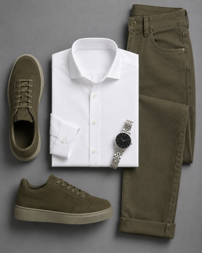Men's White Long Sleeves Shirt & Olive Chinos Pants Two‑Piece Set