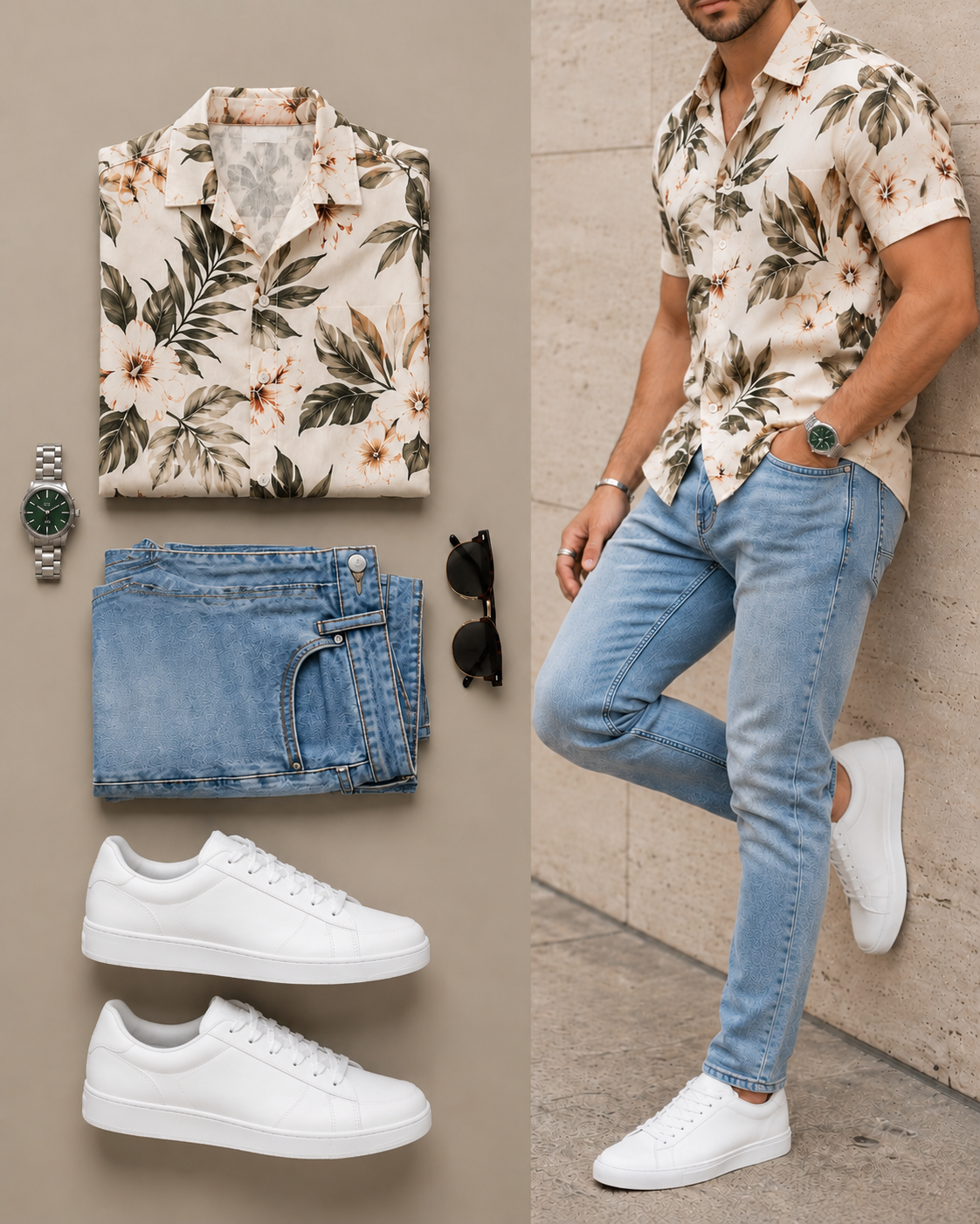 Men's Floral Short-Sleeve Shirt & Jeans Pants Two-Piece Set