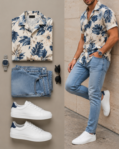Men's Floral Short-Sleeve Shirt & Jeans Pants Two-Piece Set