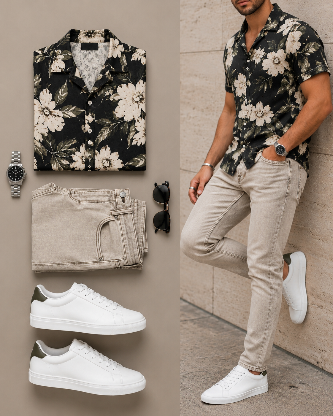 Men's Floral Short-Sleeve Shirt & Jeans Pants Two-Piece Set